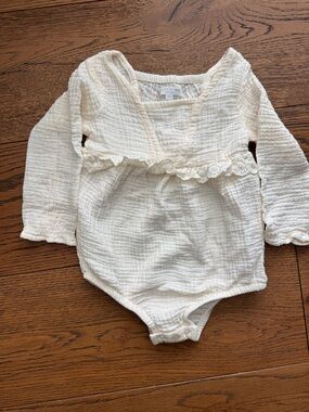 Greyson Cream Gauze Long-Sleeve One-Piece with Lace Ruffle